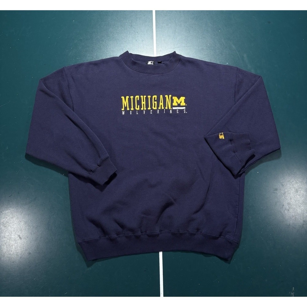 Vintage 90s Starter Michigan Wolverines Crewneck Sweatshirt Men XL Blue Pullover